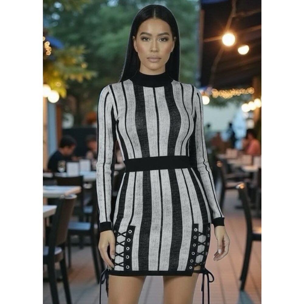 Black Silver Striped Bodycon Mini Dress Lace Up Sides Long Sleeve - Picture 4 of 16